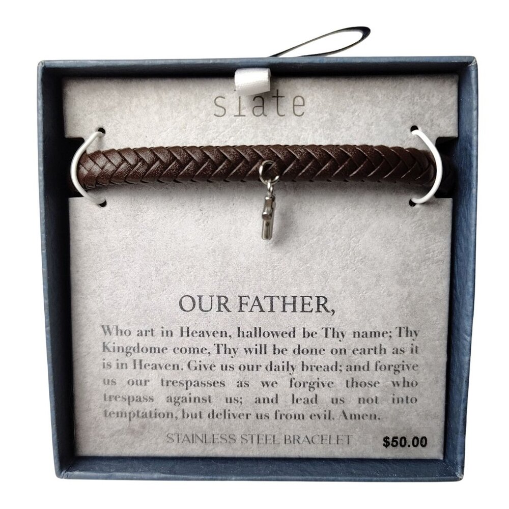 Slate Mens Braided Leather Bracelet With Stainless Steel Cross Charm